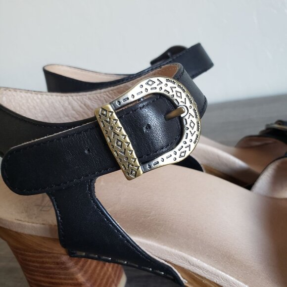 Dansko Anna Burnished Calf Leather Ankle Strap Sandals Block Heel Black Sz 8.5-9 - Picture 2 of 12